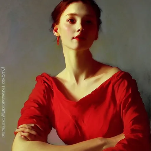 Image similar to yanjun cheng portrait of a beautiful woman, red dress, floral patterns by norman rockwell, bouguereau