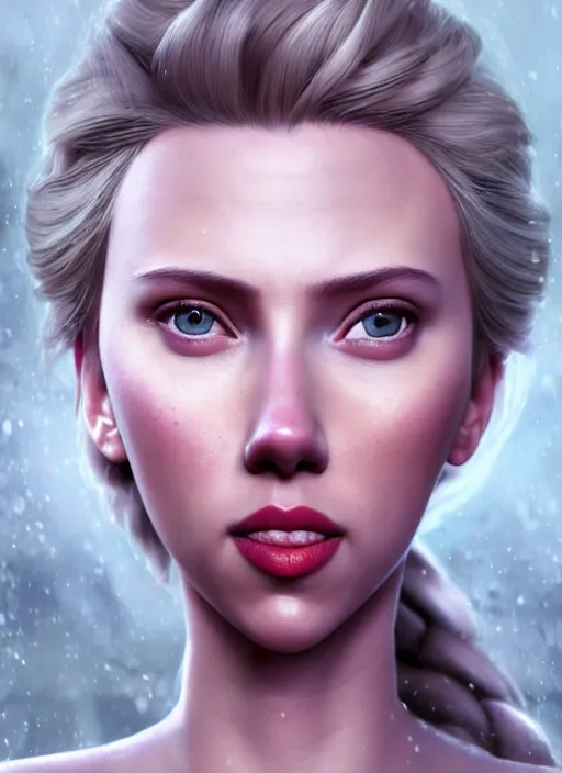 Image similar to Elsa from frozen portrait of Scarlett Johansson, au naturel, hyper detailed, digital art, trending in artstation, cinematic lighting, studio quality, smooth render, unreal engine 5 rendered, octane rendered, art style by klimt and nixeu and ian sprigger and wlop and krenz cushart