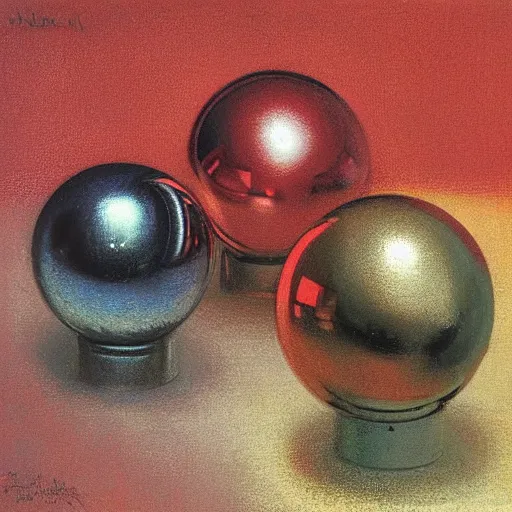 Prompt: chrome spheres on a red cube by odd nerdrum
