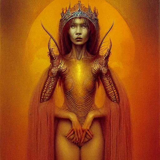 Image similar to portrait of ethereal young dragon princess in golden armour by Beksinski