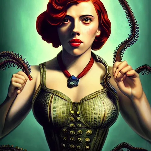 Image similar to underwater bioshock lovecrafian victorian portrait of scarlett johansson, octopus, Pixar style, by Tristan Eaton Stanley Artgerm and Tom Bagshaw.