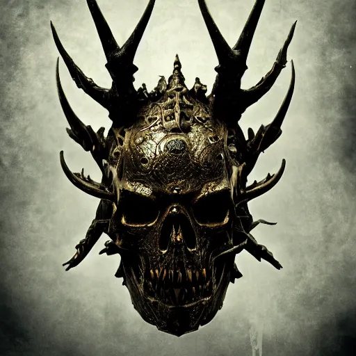 Image similar to an ominous dark ancient golden Lich king skull mask. hyper-detailed. Gothic steampunk. low poly medieval baroque. symmetric. epic. hyper-realistic. hyperrealistic. octane render intricate crown of antlers, horns made of porcelain, in style by Craig Mullins, hyper detailed, Zdzisław Beksiński, sinister, horror, 1900's photograph, polaroid, trending on artstation, bio-punk