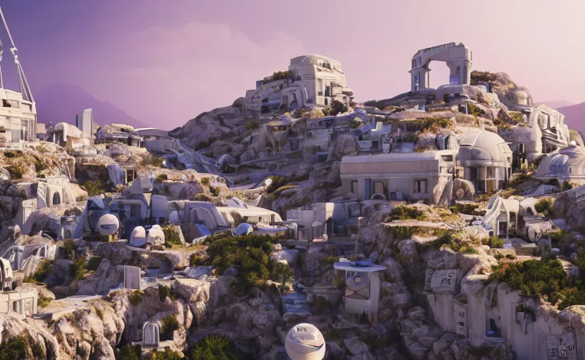 Image similar to futuristic robotic village with technology, white, purple roofs, ancient greek style, sci-fi, beams, tubes, pipes, built on a steep hill, on top of the hill is a futuristic greek temple, pillars, cyberpunk, cgi, in the style of Pixar, hyper realistic, Unreal Engine 5, octane render, trending on art station