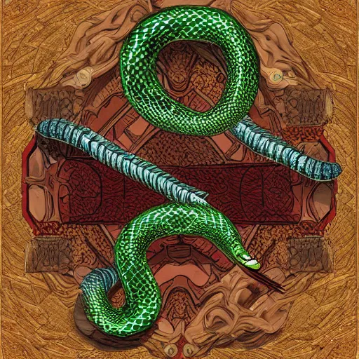 Image similar to a serpent guarding its treasures, digital art