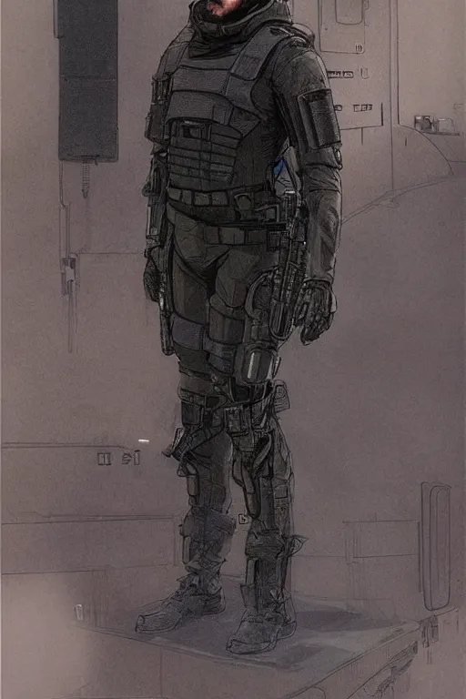 Image similar to hector. blackops spy in near future tactical gear, stealth suit, and cyberpunk headset. Blade Runner 2049. concept art by James Gurney and Mœbius.