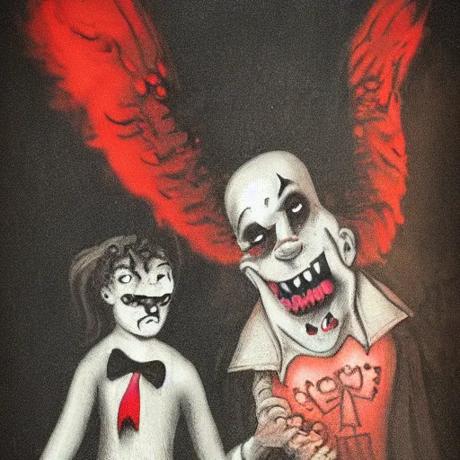 Image similar to demonic hell clown juggling with an angel clown.