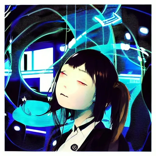 Image similar to Frequency indie album cover, luxury advertisement, blue filter, blue and black colors. Clean and detailed post-cyberpunk sci-fi close-up schoolgirl in asian city in style of cytus and deemo, blue flame, mysterious vibes, by Tsutomu Nihei, by Yoshitoshi ABe, by Ilya Kuvshinov, by Greg Tocchini, nier:automata, set in half-life 2, GITS, Blade Runner, Neotokyo Source, Syndicate(2012), beautiful with eerie vibes, very inspirational, very stylish, with gradients, surrealistic, dystopia, postapocalyptic vibes, depth of field, mist, rich cinematic atmosphere, perfect digital art, mystical journey in strange world, beautiful dramatic dark moody tones and studio lighting, shadows, bastion game, arthouse