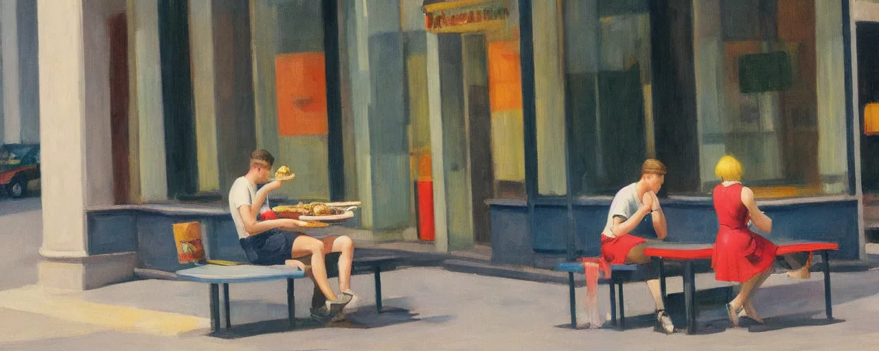 Prompt: an edward hopper - style painting of a hungarian young generation z person sitting on a table bench eating a meal outside at mcdonald's in gyor on saturday mid - summer of 2 0 2 2