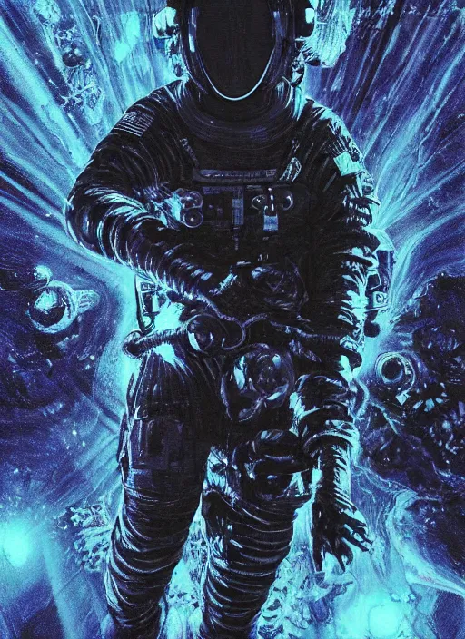 Image similar to astronaut in dark void underwater - complex and hyperdetailed technical suit design. reflection and dispersion materials. rays and dispersion of light. volumetric light. f / 3 2. noise film photo. flash photography. ultra realistic, 5 0 mm. poster by wayne barlowe, hajime sorayama aaron horkey, craig mullins