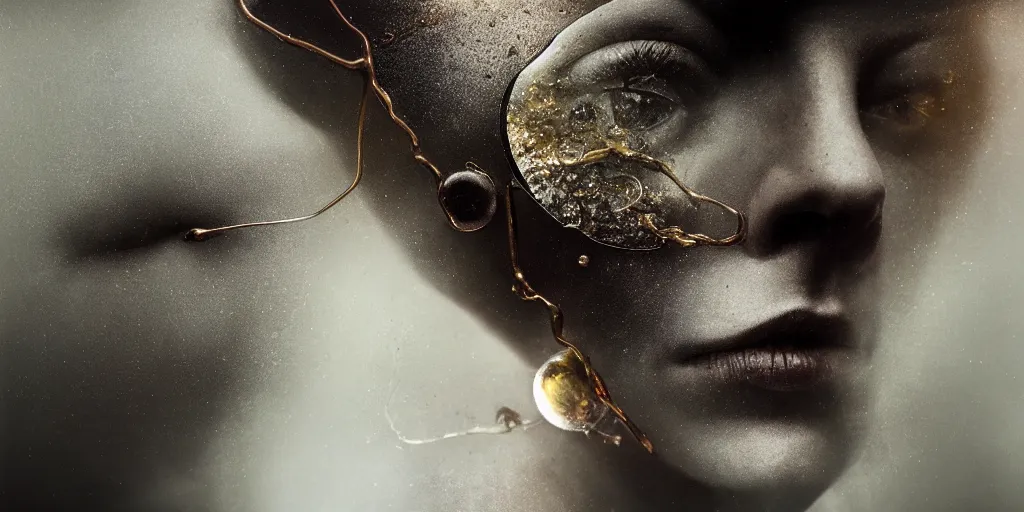 Prompt: you dreaming of me, white pearlescent, chrome, iridescent titanium, crystal, gold, copper, bronze, by lee jeffries, erik johansson, h. r. giger, crystalline masterpiece incrustations, hyperdetailed biomechanical metalwork, movie still,