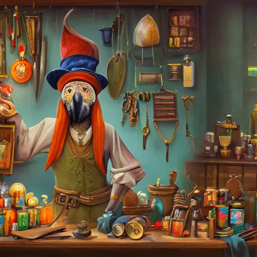 Image similar to Anthropomorphized parrot trader in his shop, presenting his wares, portrait, items, magic potions, carpet, window, fancy hat, sly expression , cunning expression, cute expression, presenting wares, D&D, fantasy, cinematic lighting, highly detailed, digital painting, artstation, concept art, smooth, sharp focus, illustration, warm light, cozy warm tint, magic the gathering artwork, volumetric lighting, 8k, art by Akihiko Yoshida, Greg Rutkowski