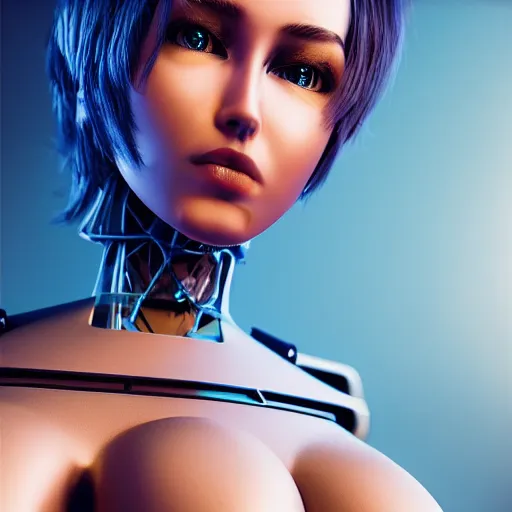 Prompt: womanized humanoid robot made of steel, beautiful face, short blue hair!!!, big breasts, thin body, anatomically correct, futuristic, glowing details!, symmetrical, unreal engine, ray tracing, 8 k, uhd, ultrarealistic, clear, sharp, highly detailed