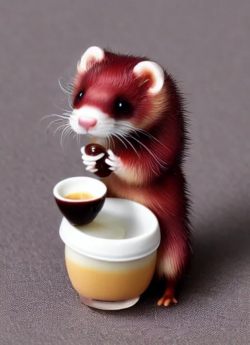 Image similar to 80mm resin detailed miniature of fluffy cute ferret drink coffee, Product Introduction Photos, 4K, Full body, simple background