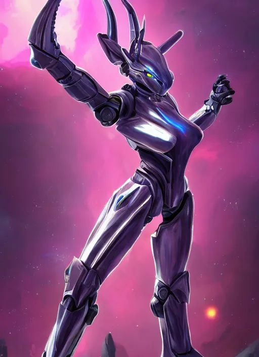 Image similar to cinematic full body, cosmic sized beautiful stunning elegant hot giant robot mecha female dragon goddess, sharp sleek cyborg dragon head, sharp metal ears, smooth purple eyes, smooth fuschia skin, smooth silver armor, nebula, epic proportions, epic scale, macro furry, furry art, dragon art, goddess art, giantess art, warframe fanart, furaffinity, octane