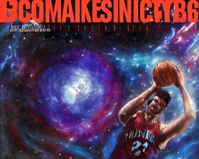 Image similar to cosmic basketball player dunking a basketball hoop in a nebula, an oil painting, by ( leonardo da vinci ) and greg rutkowski and rafal olbinski and ross tran, award - winning magazine cover