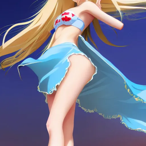 Image similar to a very beautiful young anime giantess, full body, long wavy blond hair, sky blue eyes, full round face,, bikini, miniskirt, front view, mid - shot, highly detailed, cinematic wallpaper by stanley artgerm lau