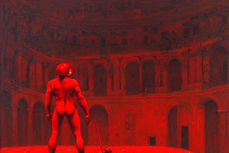 Image similar to only with red, a red gladiator in a crowded roman amphitheatre, crowd cheers him, in the style of beksinski, parts by edward hopper, parts by rodcenko, parts by yue minjun, intricate and epic composition, red by caravaggio, insane quality, highly detailed, masterpiece, red light, artstation