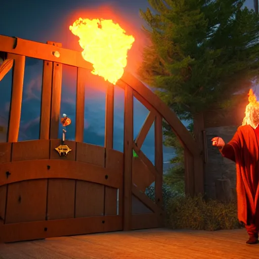 Prompt: A wizard launching a fireball at a giant wooden gate, 4k, highly detailed, octane render, vray, cinematic lighting