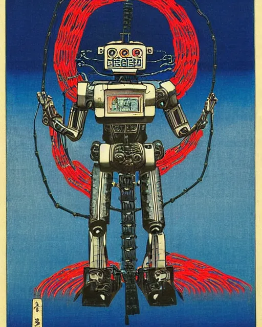 Image similar to Hiroshige portrait of a robot saint made of cables and robotic pod by Frank Frazetta