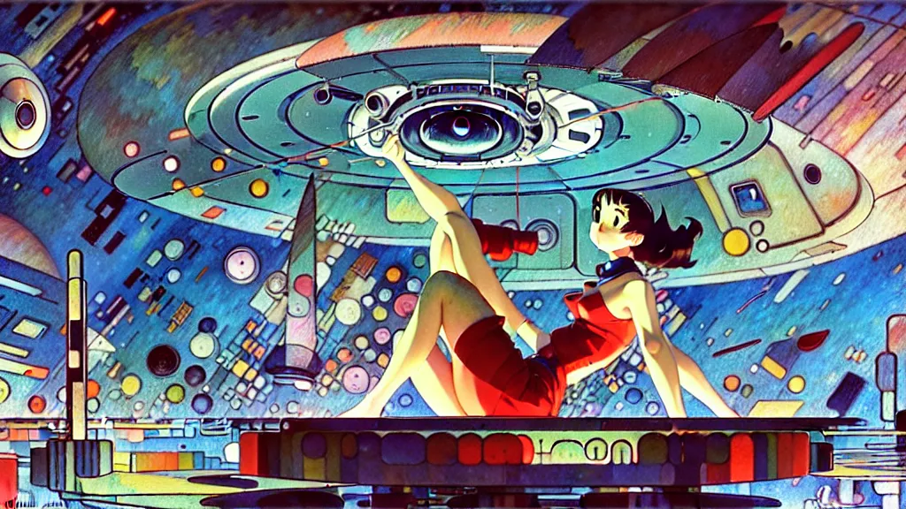 Image similar to a film still of a 1 9 5 0's mechanic anime girl sitting on top of flying ufo landing in hangar of giant ufo spaceship, kandinsky, trending on pixiv fanbox, painted by gaston bussiere, makoto shinkai, akihiko yoshida, gaston bussiere, craig mullins