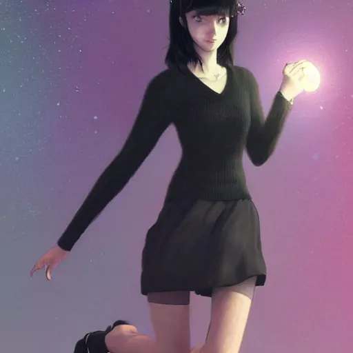 Image similar to beautifully pretty stoner girl, black sweater, grey skirt, red eyes, glittery short black hair, blue eyes, universal volumetric lighting, soft glow, by ilya kuvshinov, claude monet, range murata, artgerm, norman rockwell, alphonse mucha, highly detailed intricately sharp focus, trending on pinterest, unreal engine 5 4 k uhd image