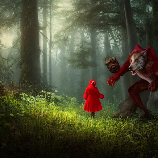 Prompt: portrait of a smirking heavily armed little red riding hood with a cute and beautiful face, getting attacked by a werewolf from behind in a lush green forest, sharp focus, unreal engine 5, digital illustration, volumetric light, highly detailed, intricate, by michael whelan, james gurney, 8 k