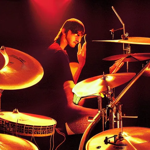 Image similar to arabian Neil Peart playing drums, highly detailed, realistic, soft lighting, wide angle