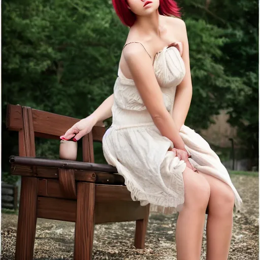 Image similar to kerli koiv young female model sitting on bench photography sun dress beautiful face and body, dramatic light 8 0 mm camera