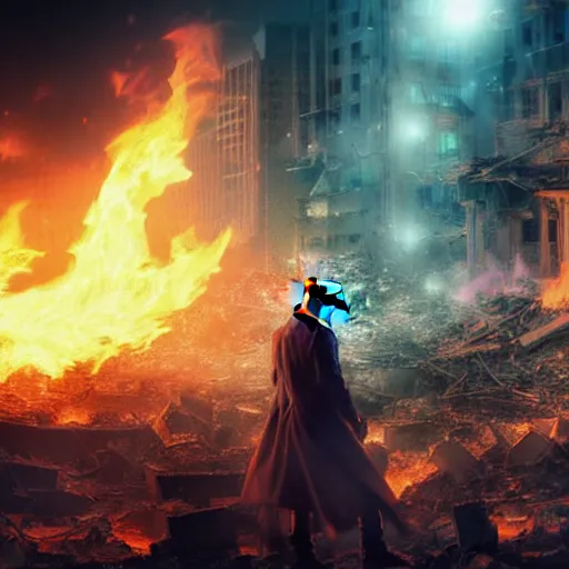 Prompt: hyper realistic, advanced digital art, style of final + fantasy + 1 5, donald trump standing among the rubble of a ruined city at night, gaussian blur, city reflection, 8 8 mm lens, lens flare, fire particle in front, depth of field, close up shot, rim lights wlop