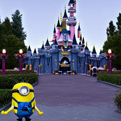 Image similar to minion in front of the disneyland castle, photo realistic, 4 k