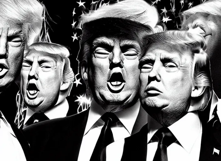 Image similar to donald trump kiss rock band, detailed facial expressions, surrealist aesthetic