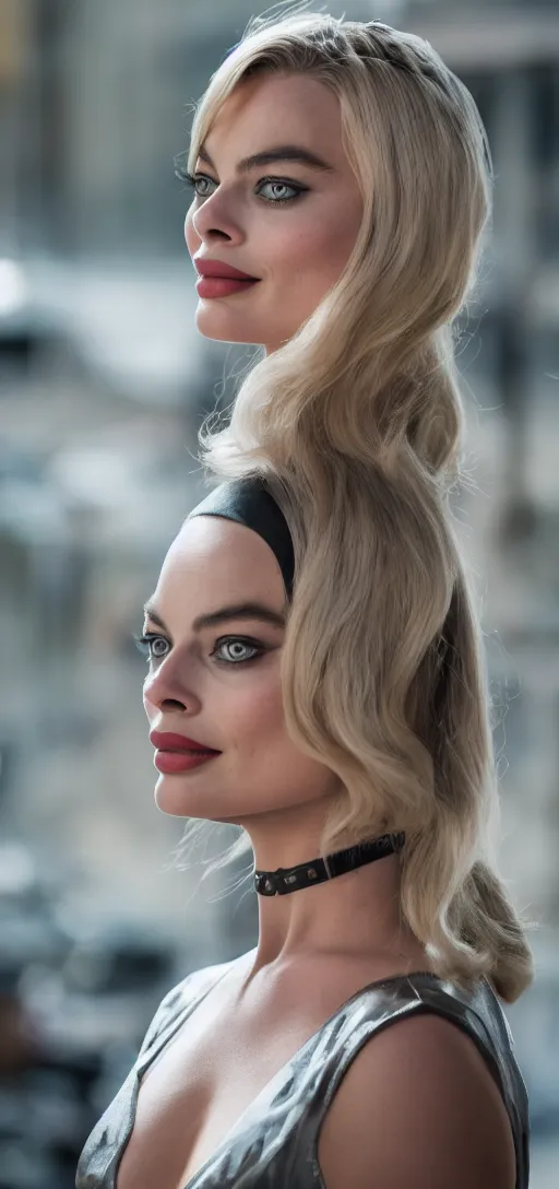 Image similar to Margot Robbie as Catwoman, XF IQ4, 150MP, 50mm, F1.4, ISO 200, 1/160s, natural light