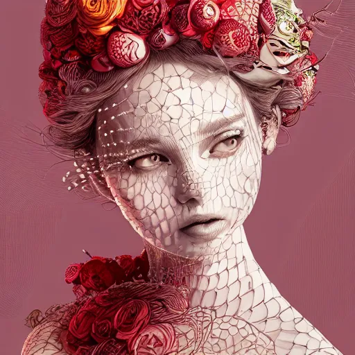 Image similar to the portrait of an absurdly beautiful, graceful, elegant, sophisticated, fashionable woman made of strawberries and white petals looking down, an ultrafine hyperdetailed illustration by kim jung gi, irakli nadar, intricate linework, bright colors, octopath traveler, final fantasy, unreal engine 5 highly rendered, global illumination, radiant light, detailed and intricate environment