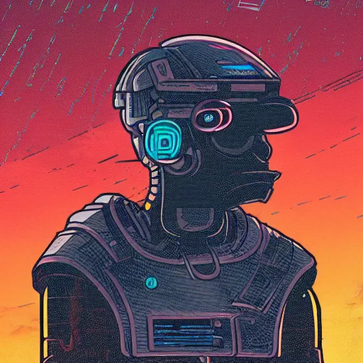 Image similar to in the style of max prentis and deathburger and laurie greasley a close up of a young explorer wearing a cyberpunk headpiece sitting on the head of a giant robot watching the sunset in the distance, highly detailed, 8k wallpaper