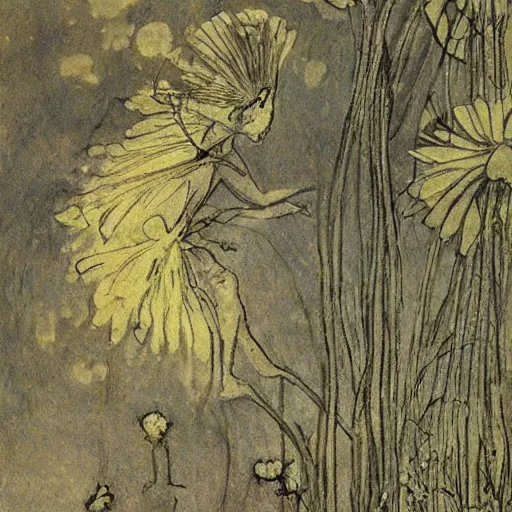 Image similar to a beautiful fairytale painting of a dandelion seed that is also a fairy. the dandelion seed is the body of the fairy. beautiful clear painting by arthur rackham