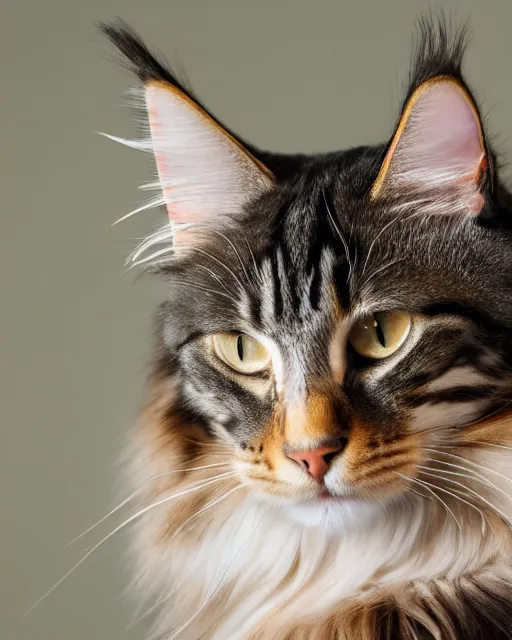 Image similar to An extremely beautiful studio photo of a Maine Coon cat in the style of the Girl With a Pearl Earring, bokeh, 90mm, f/1.4