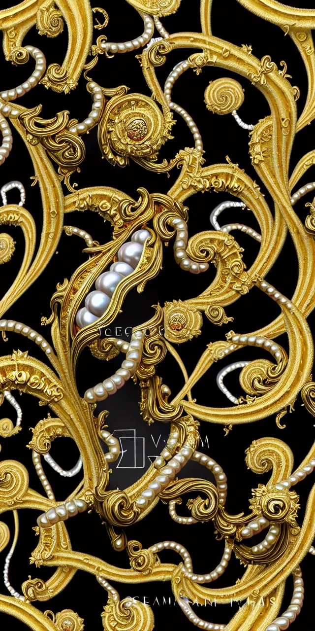 Image similar to subsurface scattering, seamless 3 d baroque gold and black pattern, beautiful dynamic shadows, gold silver iridescent pearls and swarovski crystals, symmetrical, rococo elements, damask pattern, swirls and spirals, dolce and gabanna, michelangelo, iris van herpen artstation, versace pattern, concept design art, octane render, 8 k