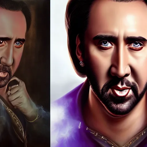 Image similar to a detailed fantasy character portrait of Nicolas Cage as godfather by lauri blank, artgerm, evelyn de morgan, 8K, 50mm lens