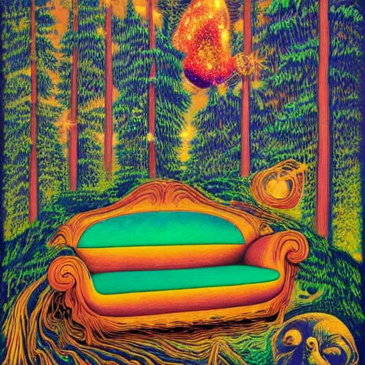 Prompt: psychedelic couch sofa in the pine forest, guitar, milky way, designed by moebius, rob gonsalves, gustav dore, giuseppe arcimboldo and carl barks, louis wain, trending on artstation, canada, star, sharp focus, colorful refracted sparkles and lines, soft light, 8 k 4 k