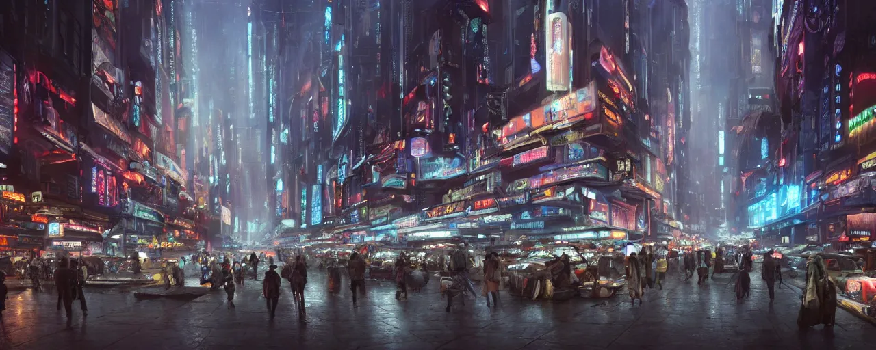 Image similar to street level view of a futuristic bladerunner market and trading post at the center of a large advanced metropolis busy with activity lots of market signs aliens and people with a floating cars on the streets by craig mullins, neil blevins, dylan cole, james paick, hyper realistic, night, environment fog, cinematic lighting, 8 k, vray render, artstation, deviantart,