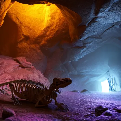 Prompt: full shot portrait of tiny dinosaur skeleton lying in a cave covered in big shiny crystals, detailed, unreal engine 4k volumetric light, fog, purple color palette