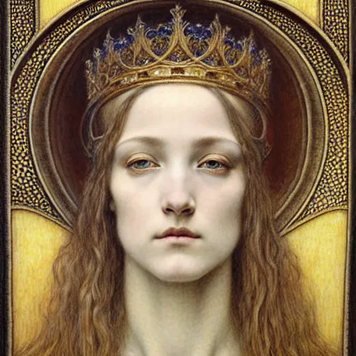 Image similar to detailed realistic beautiful young medieval queen face portrait by jean delville, gustave dore and marco mazzoni, art nouveau, symbolist, visionary, gothic, pre - raphaelite. horizontal symmetry