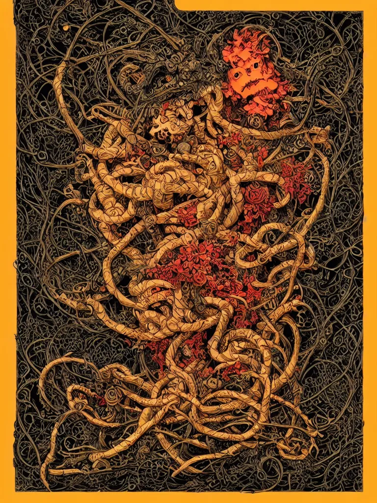 Prompt: 'Hermit wrapped in vines + black paper + elements + red + gold + neon + baroque + rococo + white + orange+ ink + tarot card with ornate border frame + marc Simonetti, paul pope, peter mohrbacher, detailed, intricate ink illustration'