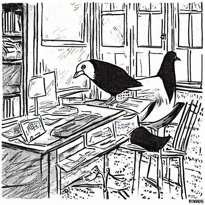 Prompt: a still frame from comic strip a pigeon sitting on the desk 1 9 9 0, new yorker illustration, monochrome contrast bw, lineart, manga