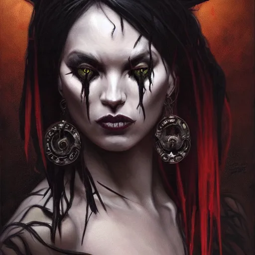 Image similar to Dark Fantasy Painting of a voodoo witch with a sinister evil look on her face, upper body, intricate, wild, highly detailed, digital painting, artstation, concept art, smooth, sharp focus, illustration, art by artgerm and greg rutkowski and alphonse mucha