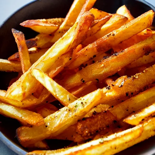 Image similar to savory, crispy french fries with grains of pepper, oregano and a thick sauce on top, high definition, 8 k