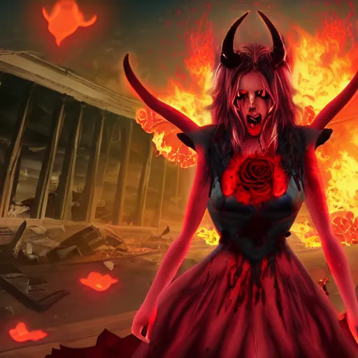 Prompt: super mad demon girl extreme anger with demon horns in a pretty black dress covered in blood with a rose in her left hand and a human heart in her right hand in front of a destroyed city in flames, super high detail picture