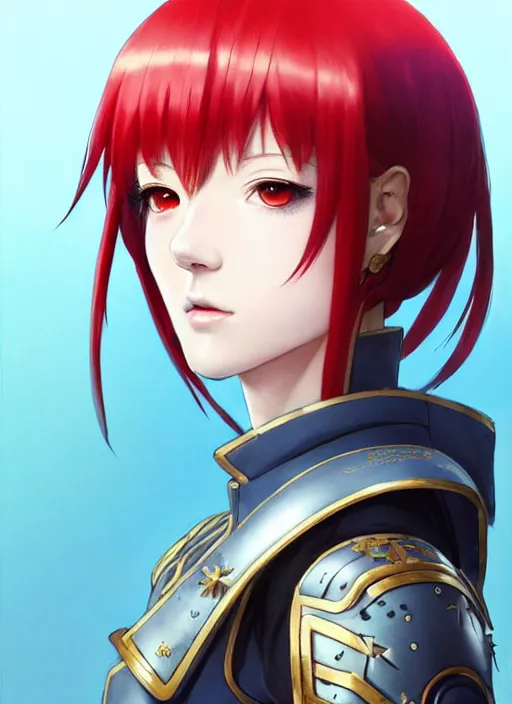 Image similar to portrait of Anime sister of battle, Warhammer 40000, cute-fine-face, red-short-hair pretty face, realistic shaded Perfect face, fine details. Anime. realistic shaded lighting by Ilya Kuvshinov katsuhiro otomo ghost-in-the-shell, magali villeneuve, artgerm, rutkowski, WLOP Jeremy Lipkin and Giuseppe Dangelico Pino and Michael Garmash and Rob Rey