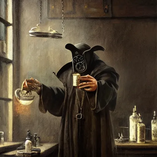 Image similar to plague doctor working in medieval apothecary wearing gloves, bird beak, magical alchemy laboratory, oil painting, by Greg Rutkowski