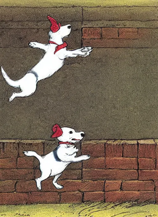 Image similar to jack russel terrier jumping from the ground over a brick wall, illustrated by peggy fortnum and beatrix potter and sir john tenniel